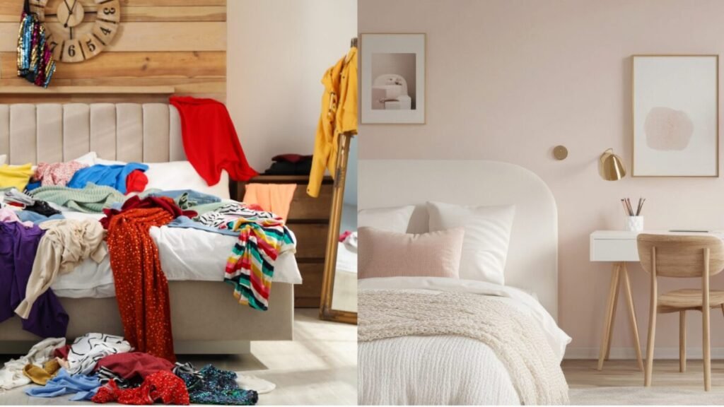 Transformação de ambiente antes e depois com decoração emocional"